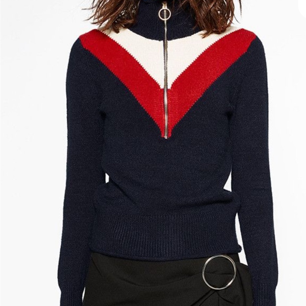 Zara Blue and Red Cowl Neck Sweater with Chevron Design
